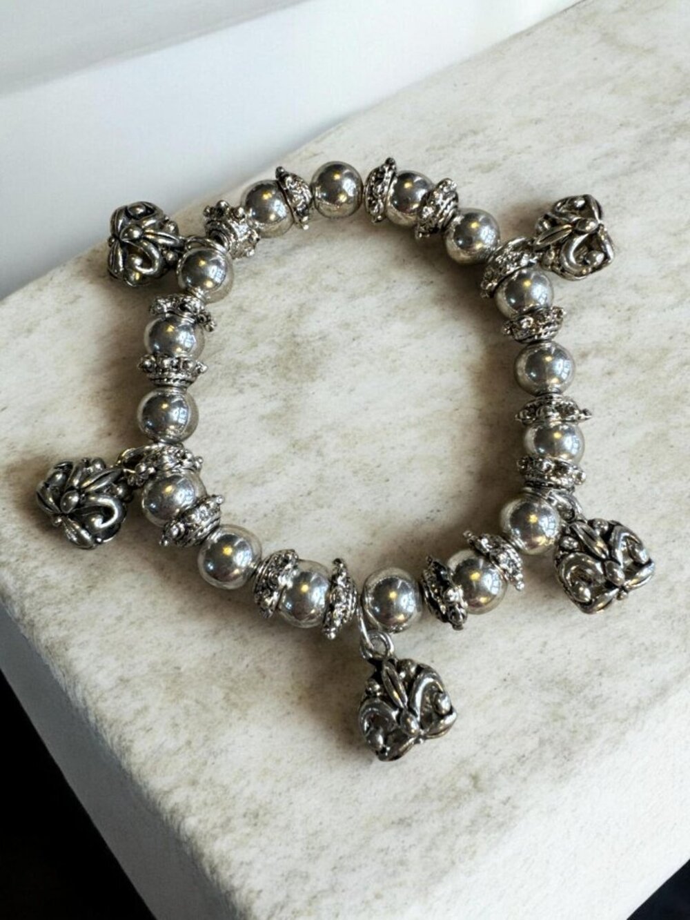 Handmade Silver Beaded Bracelet With Ornate Charms - Stretch Fit 7 Inches